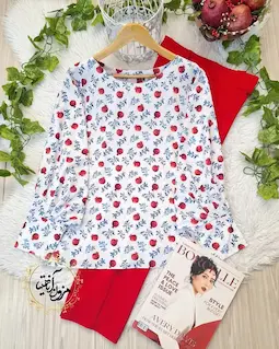 شومیز آستین کیمونو بگ سفید طرح انار ریز برگ آبی ناریز