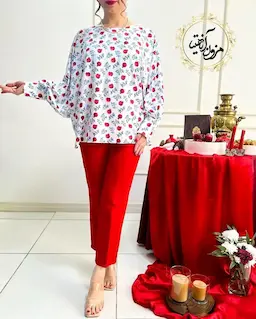 شومیز آستین کیمونو بگ سفید طرح انار ریز برگ آبی ناریز