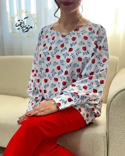 شومیز آستین کیمونو بگ سفید طرح انار ریز برگ آبی ناریز