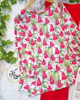 شومیز آستین کیمونو بگ سفید طرح هندونه برگ سبز آذرین