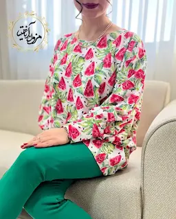 شومیز آستین کیمونو بگ سفید طرح هندونه برگ سبز آذرین