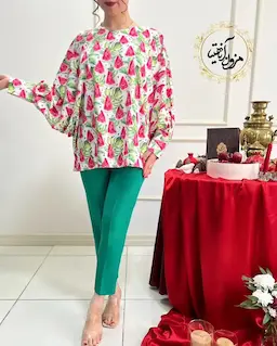 شومیز آستین کیمونو بگ سفید طرح هندونه برگ سبز آذرین