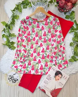 شومیز آستین کیمونو بگ سفید طرح هندونه برگ سبز آذرین