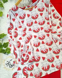 شومیز آستین کیمونو بگ سفید طرح گربه هندونه ای