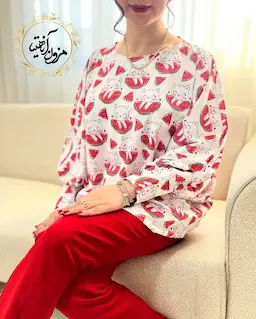 شومیز آستین کیمونو بگ سفید طرح گربه هندونه ای