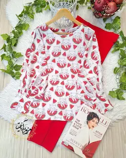 شومیز آستین کیمونو بگ سفید طرح گربه هندونه ای