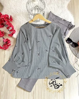 شومیز آستین کیمونو بگ طوسی سنجاقک راه راه تخفیفی