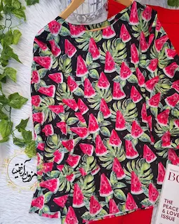 شومیز آستین کیمونو بگ مشکی طرح هندونه برگ سبز آذرین