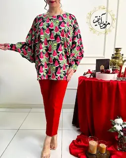 شومیز آستین کیمونو بگ مشکی طرح هندونه برگ سبز آذرین