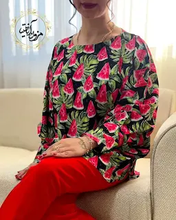 شومیز آستین کیمونو بگ مشکی طرح هندونه برگ سبز آذرین