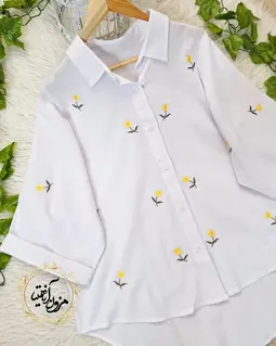 شومیز آستین کیمونو سفید طرح گلدوزی آفتاب گردان