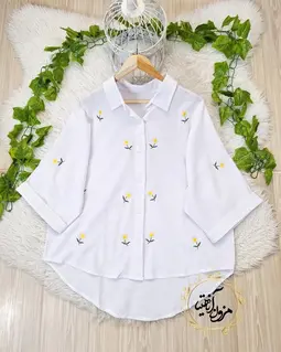 شومیز آستین کیمونو سفید طرح گلدوزی آفتاب گردان
