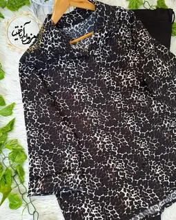 شومیز آستین کیمونو سفید مشکی طرح باکسی پلنگی
