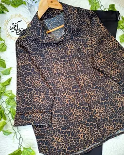 شومیز آستین کیمونو قهوه ای مشکی طرح باکسی پلنگی