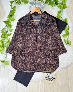 شومیز آستین کیمونو قهوه ای مشکی طرح باکسی پلنگی