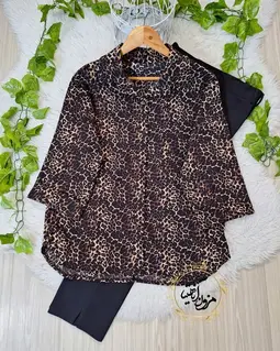 شومیز آستین کیمونو نسکافه ای قهوه ای طرح باکسی پلنگی