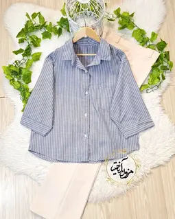 شومیز باکسی آبی درباری سفید طرح راه راه کیانا