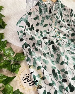 تونیک پنج دکمه سبز سفید سایز بزرگ طرح ریسه برگ 