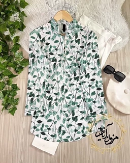 تونیک پنج دکمه سبز سفید سایز بزرگ طرح ریسه برگ 