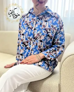 شومیز بیسیک جلو دکمه آبی قهوه ای طرح پلنگی سروین