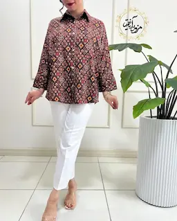 شومیز بیسیک جلو دکمه قهوه ای طرح سنتی لمیا