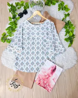 شومیز آستین سه ربع سفید طرح سنتی فیلی نسکافه ای تیدا