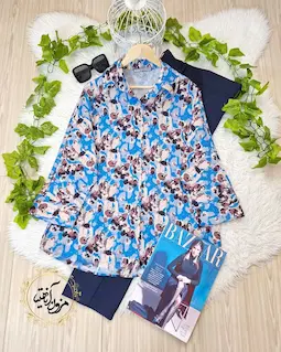 شومیز بیسیک جلو دکمه آبی قهوه ای طرح پلنگی سروین