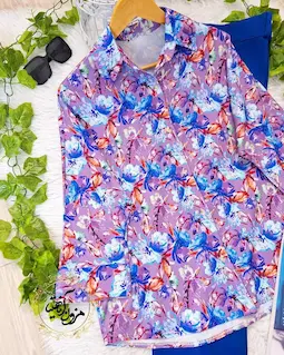 شومیز بیسیک جلو دکمه بنفش طرح گلدار آبی اسمر