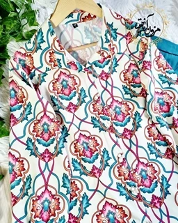 شومیز جلو دکمه کرم سبز طرح ترنج 