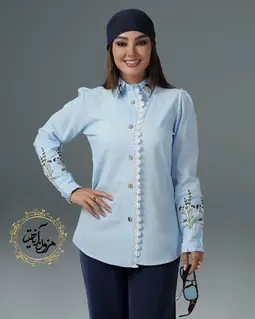 شومیز جلو دکمه دانتل دار آبی طرح گلدوزی صحرا