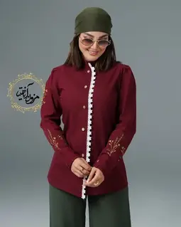 شومیز جلو دکمه دانتل دار آلبالویی طرح گلدوزی صحرا