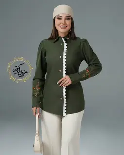 شومیز جلو دکمه دانتل دار سبز تیره طرح گلدوزی صحرا