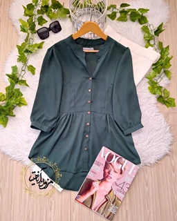 شومیز جلو دکمه سبز تیره طرح پایین چین گلناز