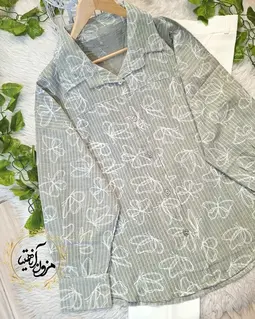 شومیز جلو دکمه سبز سفید طرح راه راه پروانه