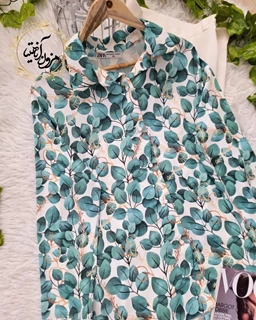 شومیز جلو دکمه سفید سبز طرح ریسه برگ سبز الیزه سایز-L-تخفیفی