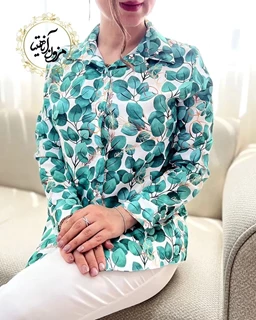 شومیز جلو دکمه سفید سبز طرح ریسه برگ سبز الیزه سایز-XL-تخفیفی