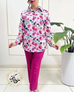 شومیز جلو دکمه سفید سرخابی طرح باغ بهار 