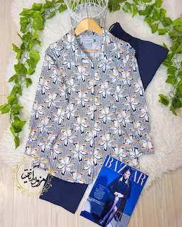 شومیز جلو دکمه سفید سرمه ای طرح راه راه گلدار پردیس سایز-3-تخفیفی