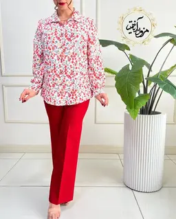 شومیز جلو دکمه سفید طرح ریسه برگ و شکوفه های مرجانی ماهیدا