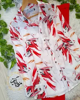 شومیز جلو دکمه سفید طرح قرمز خطی آبرنگی مهشید