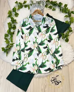 شومیز جلو دکمه سفید طرح لاله کرم سبز دیارا