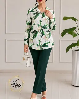 شومیز جلو دکمه سفید طرح لاله کرم سبز دیارا
