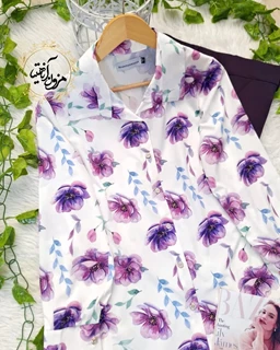شومیز جلو دکمه سفید طرح گلدار بنفش پیونی