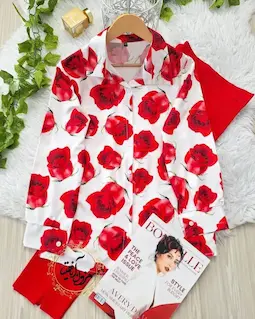 شومیز جلو دکمه سفید قرمز طرح رز گل سایز-3-تخفیفی