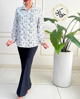 شومیز جلو دکمه سفید مشکی طرح alo