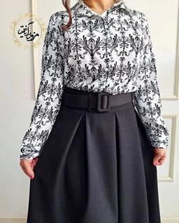 شومیز جلو دکمه سفید مشکی طرح گلامور سایز-L-تخفیفی