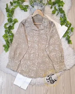 شومیز جلو دکمه طوسی خردلی طرح راه راه پروانه