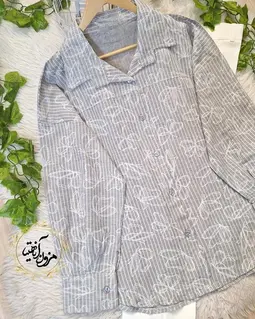 شومیز جلو دکمه طوسی سفید طرح راه راه پروانه
