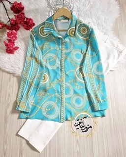 شومیز جلو دکمه فیروزه ای طرح ورساچه سایز-4-تخفیفی