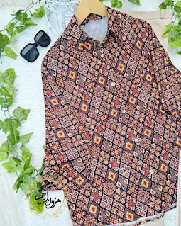شومیز بیسیک جلو دکمه قهوه ای طرح سنتی لمیا